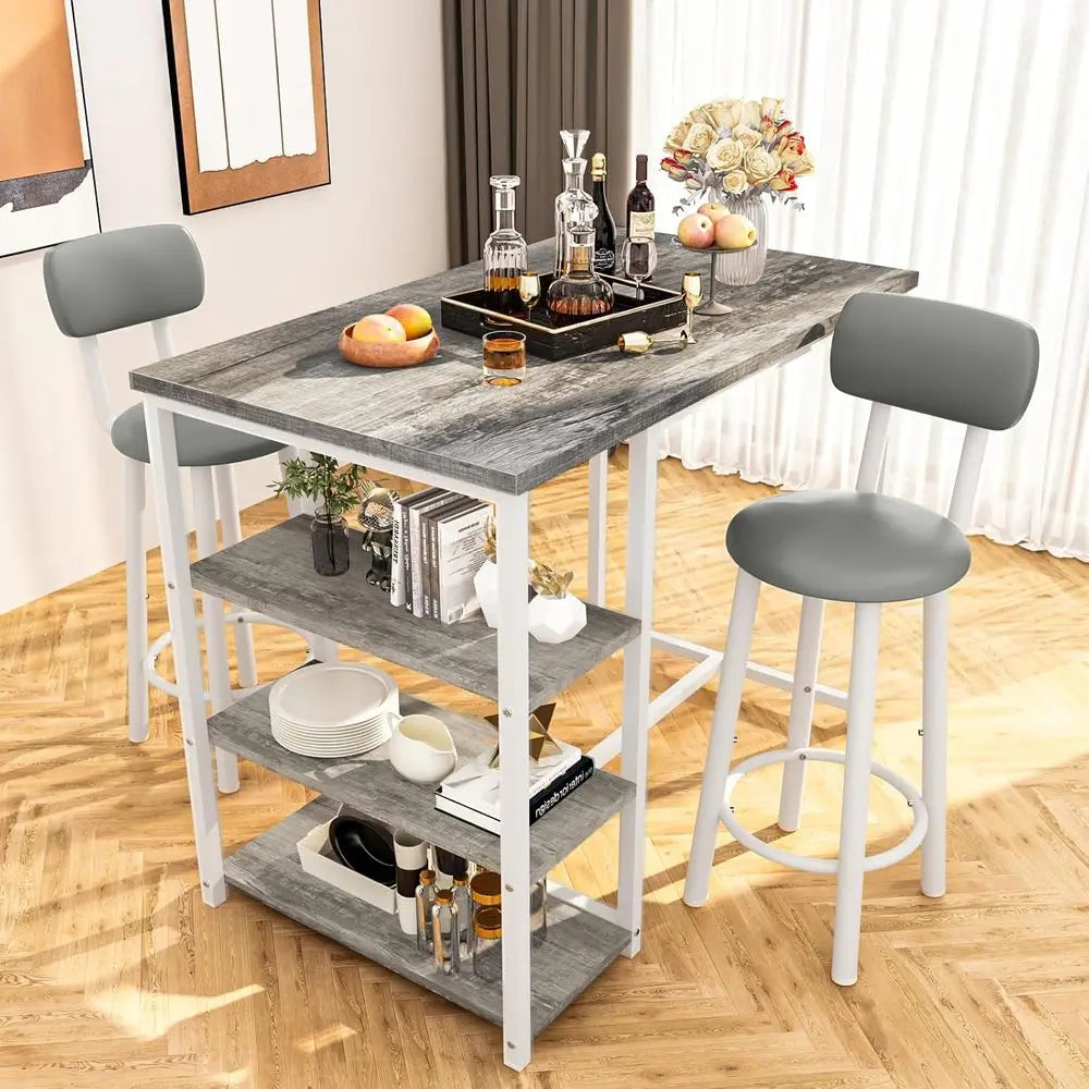 Grey 2-Piece Counter Height Table Set with Storage and Stools for Kitchen or Dining Area