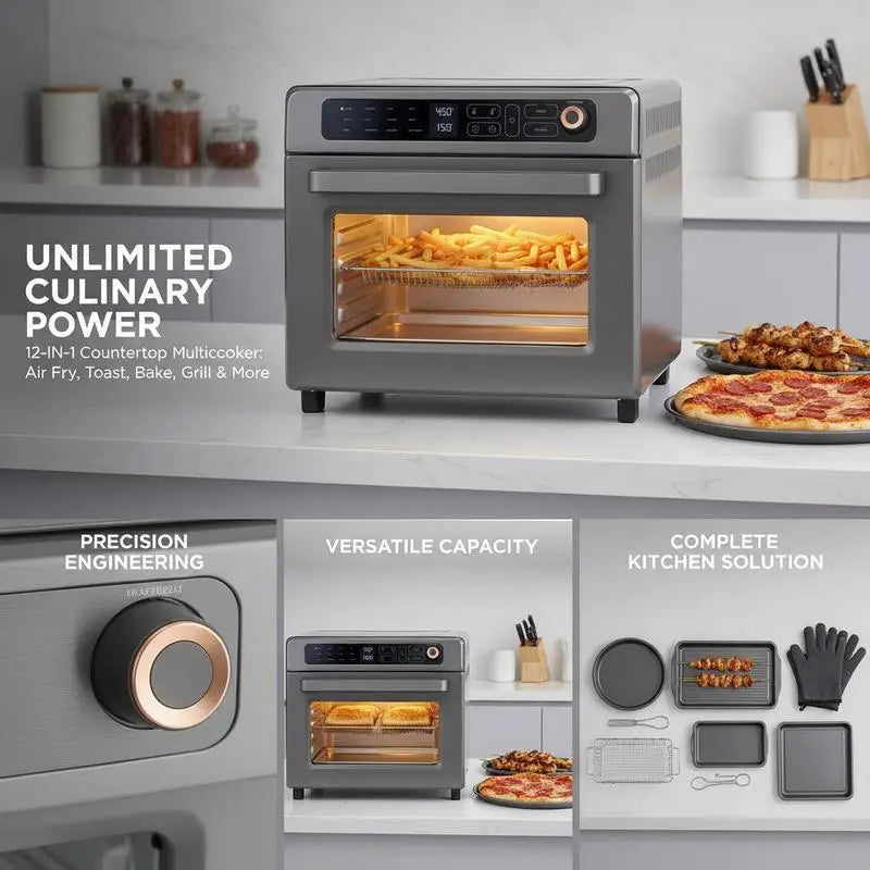 Convection Countertop Oven 25L For Kitchen Restaurant Office, 12-IN-1 Versatile Cooker 1700W Power Metal Housing Grill Pizza Pan Gloves Included 12-Slice Toast 12-Inch Pizza Capacity Professional Cooking Appliance