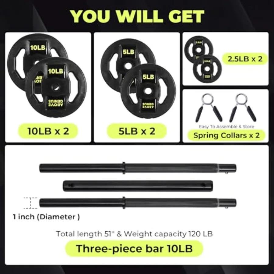 Barbell Weight Set, 45 LB Adjustable Free Weights Bar Set for Home Gym Strength Training, Full Body Workout, Muscle Building, H