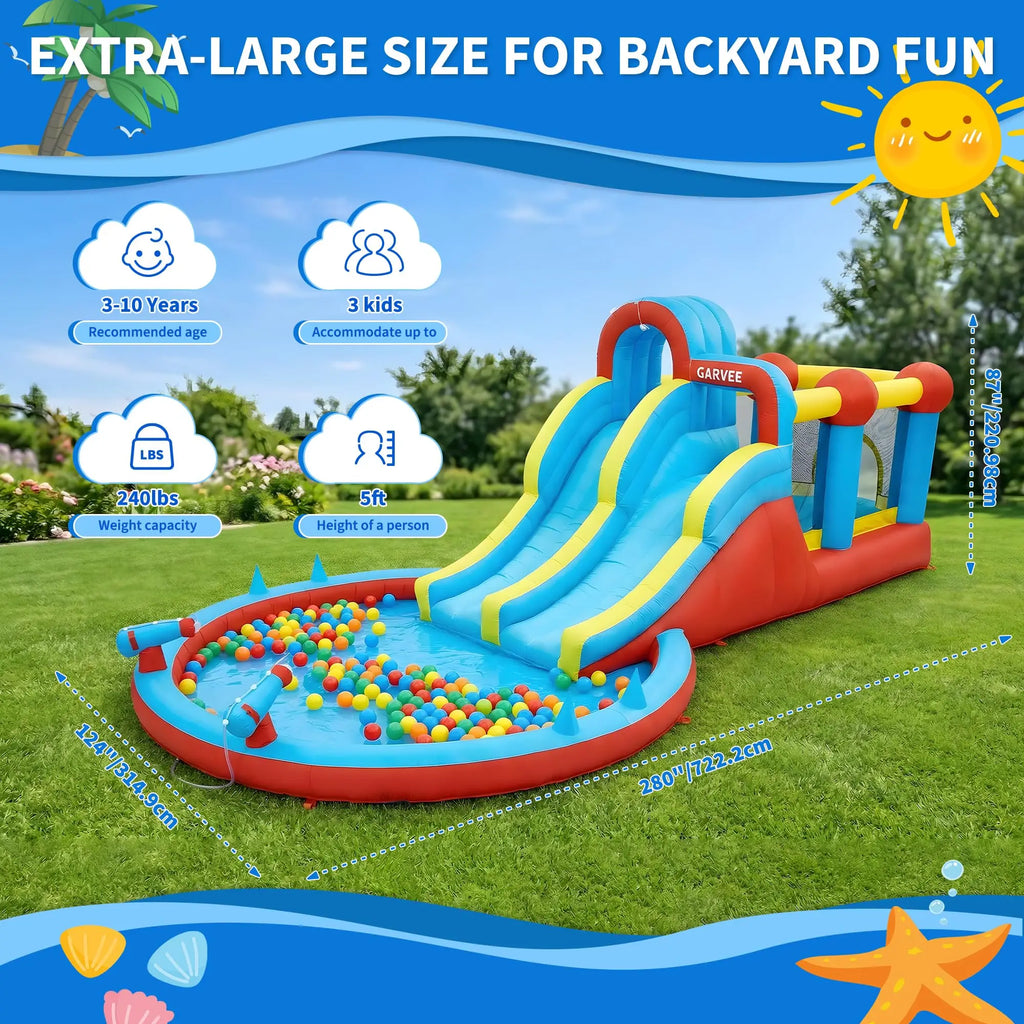 8-in-1 Inflatable Water Park Kids Bounce House With Double Slides & Pool, 550W Blower, Oxford, Indoor Outdoor Set
