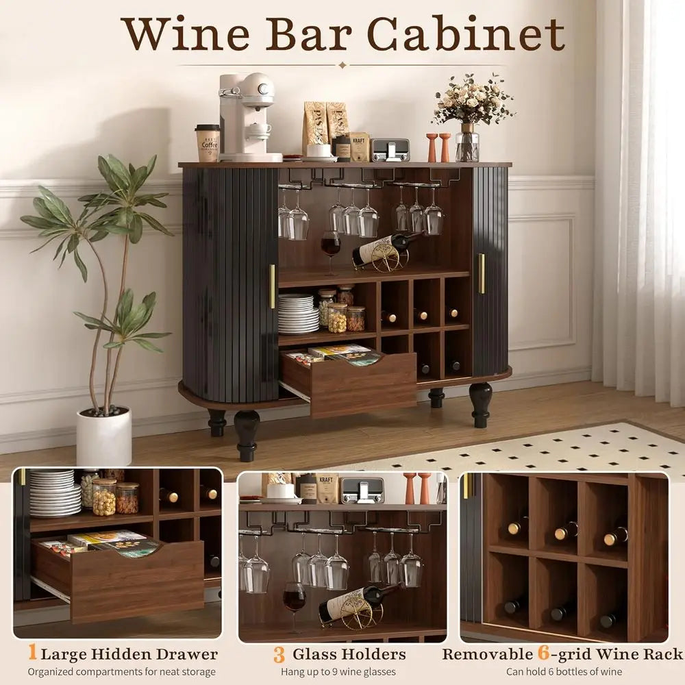39 Modern Liquor Cabinet with 6 Wine Racks, 3 Glass Holders, Drawer, Hidden Storage & Sliding Door for Living Room, Dining Area,