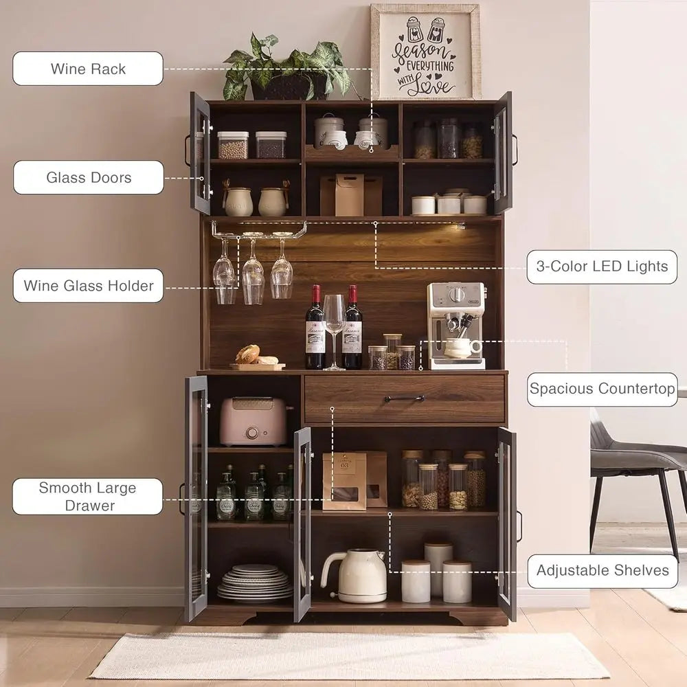 71 Tall Pantry Cabinet with Glass Door, Kitchen Hutch Storage, Coffee Bar & Liquor Cabinet, Charging Station, LED Lights, Wine R