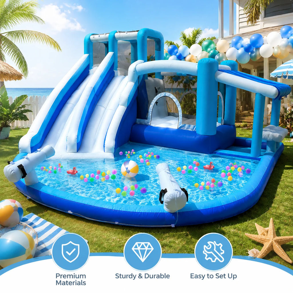 Blue And White Dual Slide Water Slide Combo 3-in-1 Fun with Slide Pool Water Gun And Play Area for Endless Summer Exciting