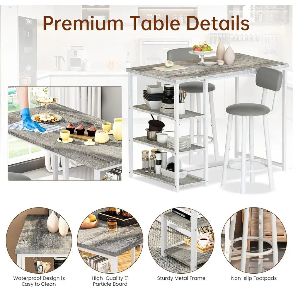 Grey 2-Piece Counter Height Table Set with Storage and Stools for Kitchen or Dining Area