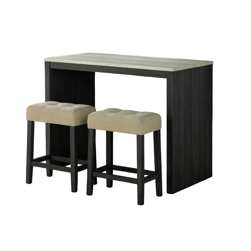 Black 3-Piece Dining Set with Two-Tone Table and Beige Tufted Stools for Dining Room