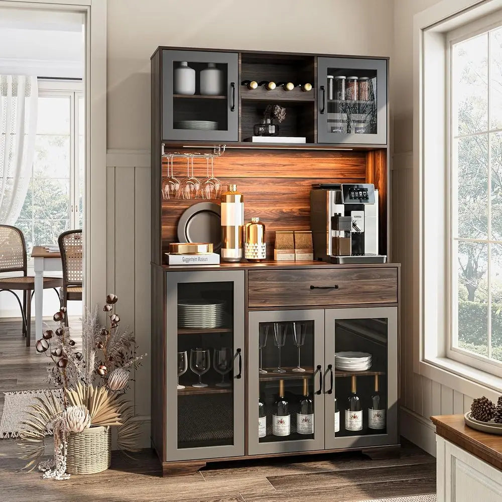 71 Tall Pantry Cabinet with Glass Door, Kitchen Hutch Storage, Coffee Bar & Liquor Cabinet, Charging Station, LED Lights, Wine R