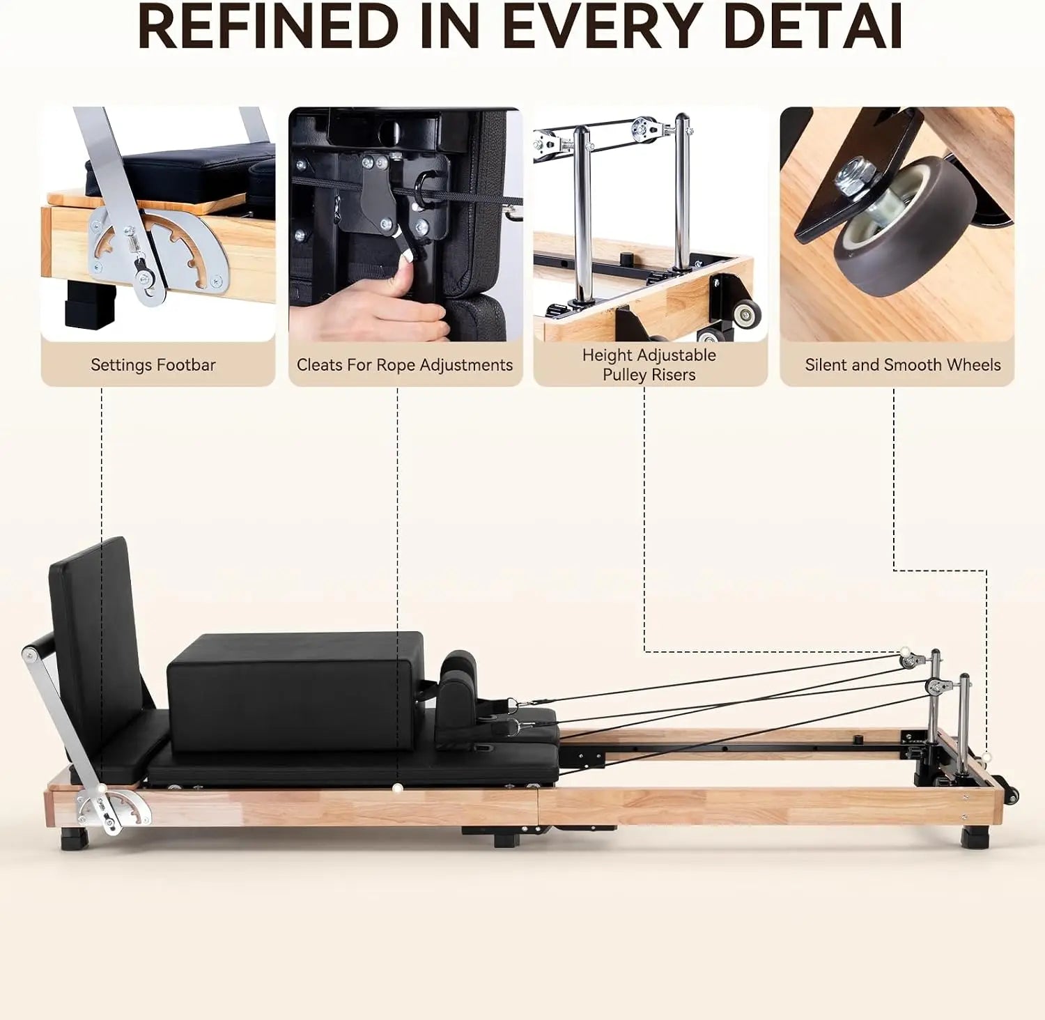 Foldable Pilates Reformer Machine, Oak Wood Studio Grade Home Gym Equipment With Sitting Box And Jump Board, Ergonomic Strength Training Core Workout Fitness Station, Natural Wood