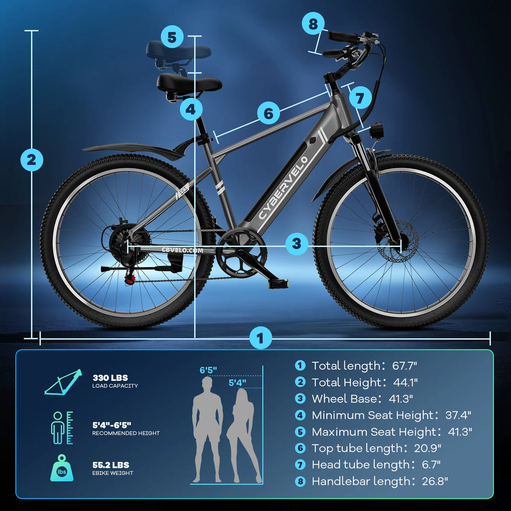 Cybervelo EK3 1000W Peak 48V Waterproof Battery 26" 7-Speed Electric Bike Adult Ebike for Commute Beach Snow Men Women