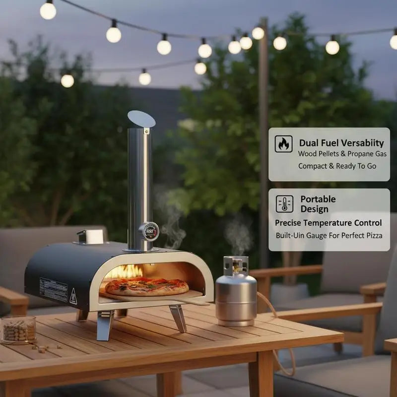12 Inch Pizza Baker For Camping Backyard Garden, Dual Fuel Iron Spray Shell Built-in Thermometer Wood Pellet Propane Gas Oven Portable Cooking Device Black Shell Outdoor Culinary Equipment