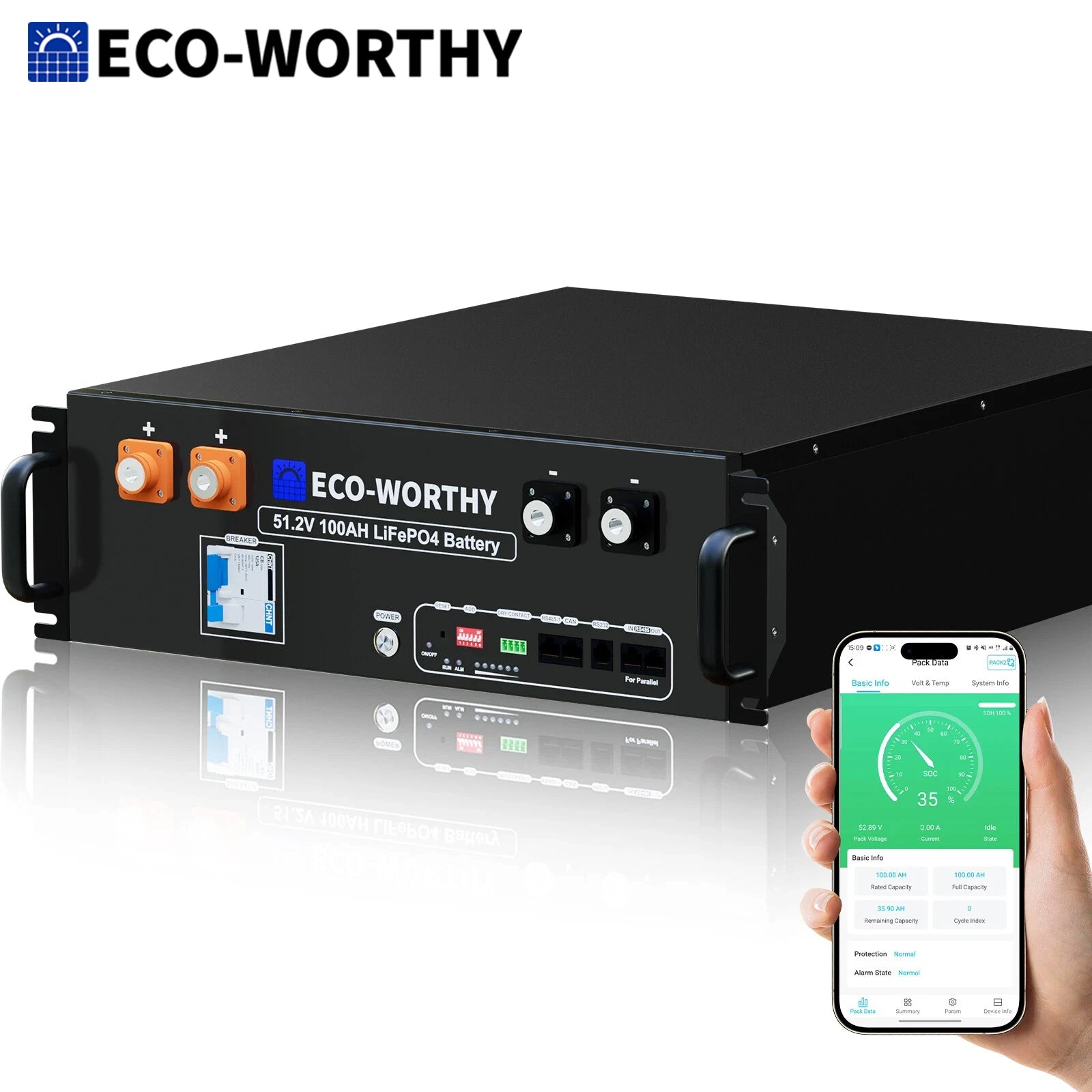 ECO-WORTHY 48V 100Ah LiFePO4 Lithium Battery w/Bluetooth | UL1973 & UL9540A & CEC Listed | 5120Wh Server Rack Battery for Home