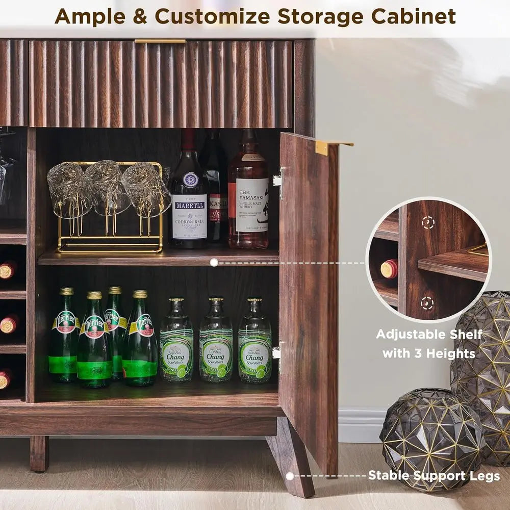 luted Wine Bar Cabinet, 60" Wide ern Buet Sideboard with Ample Storage - 2 Side Cabi, 3 Ders, 4 Glass Holders & 12 Wine Racks, C