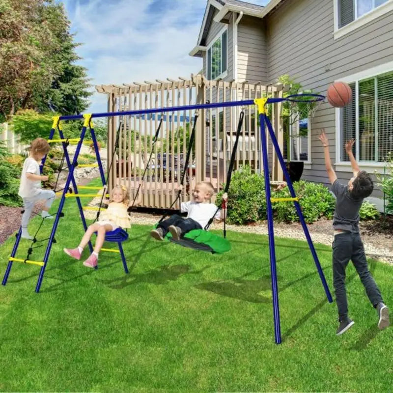 5-In-1 Outdoor Kids Swing Set with A-Shaped Metal Frame and Ground Stake