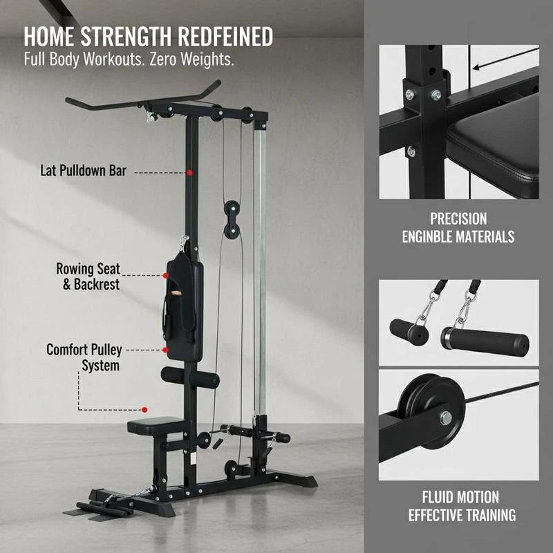Home power rack, rowing machine, without weights, home fitness equipment, steel, faux leather, black