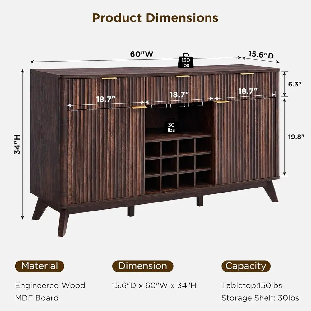 luted Wine Bar Cabinet, 60" Wide ern Buet Sideboard with Ample Storage - 2 Side Cabi, 3 Ders, 4 Glass Holders & 12 Wine Racks, C