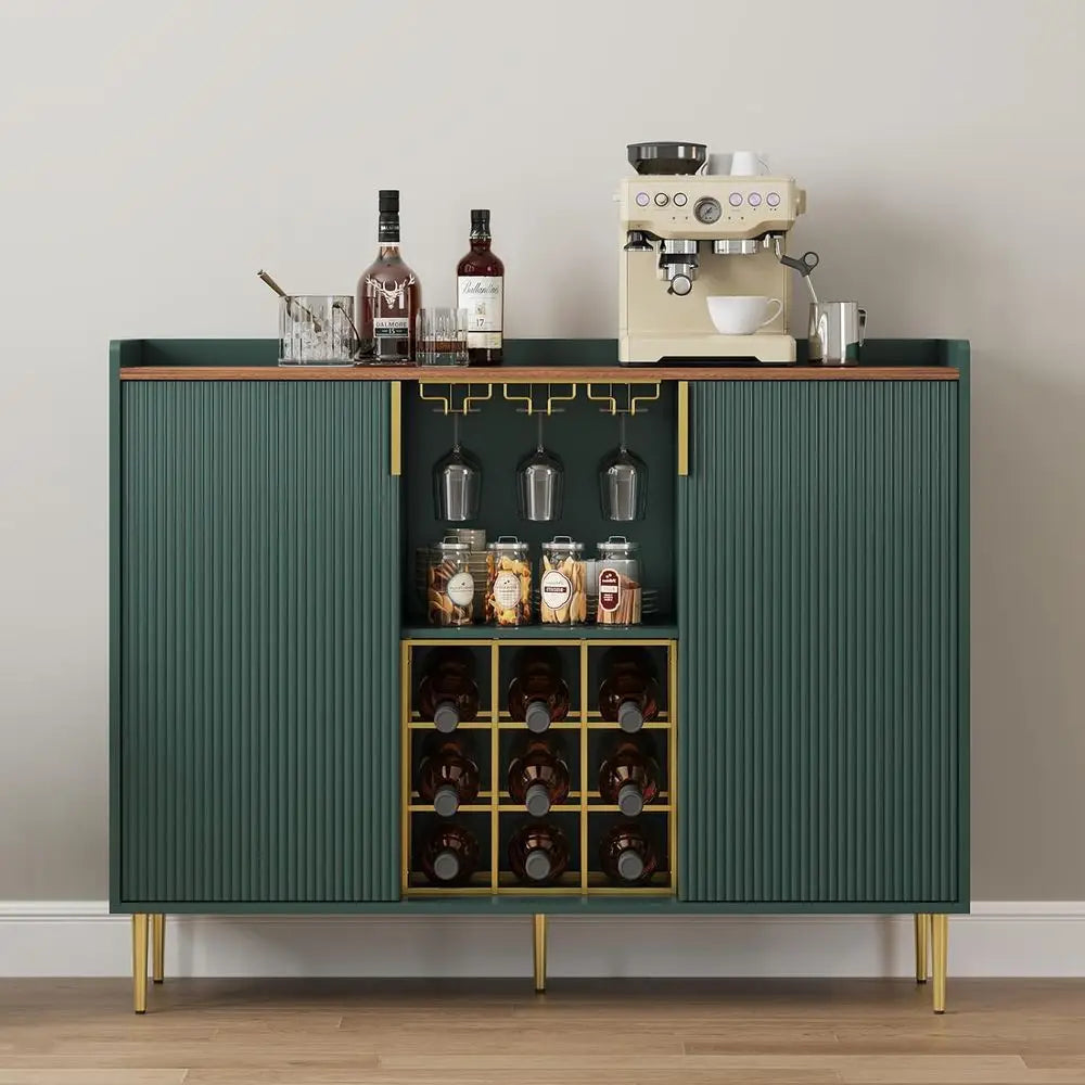 48-inch Wine Bar Cabinet with Textured Finish, Sideboard with Wine Rack and Glass Holder for Kitchen or Living Room, Green