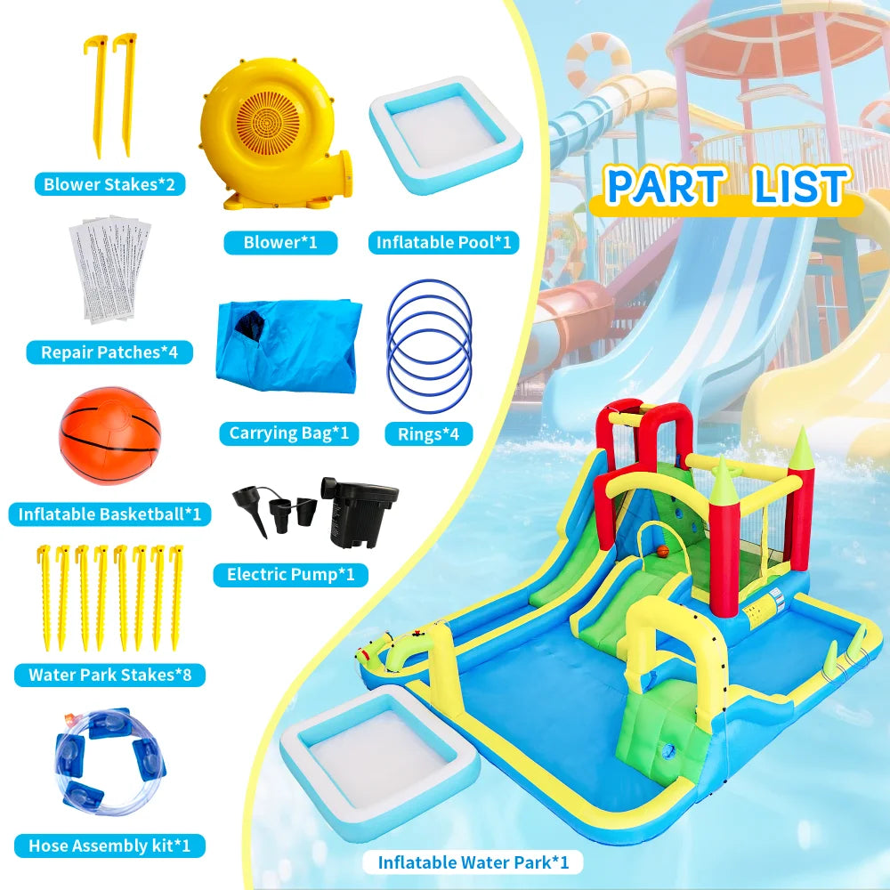 11 in1 Inflatable Slide Water Park Dry and Wet Slides Large Pool Water Gun Trampoline Climbing Wall Basketball Hoop and Ring Toss Game Outdoor Indoor Backyard Party Bounce Castle for Kids