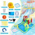 11 in1 Inflatable Slide Water Park Dry and Wet Slides Large Pool Water Gun Trampoline Climbing Wall Basketball Hoop and Ring Toss Game Outdoor Indoor Backyard Party Bounce Castle for Kids