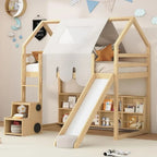 Twin Bed with Slide, Wooden House-Themed Play Loft, Ladder, Shelves, and Tent, Natural