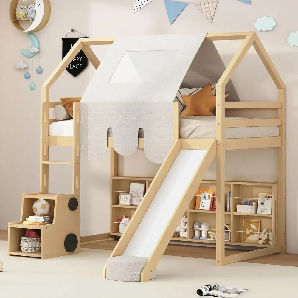 Twin Bed with Slide, Wooden House-Themed Play Loft, Ladder, Shelves, and Tent, Natural