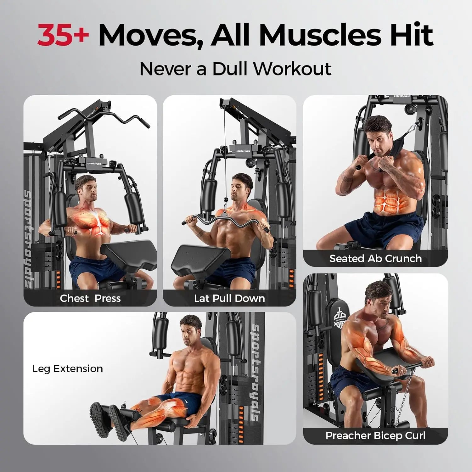 Sportsroyals Home Gym Equipment, 150LBS Weight Stack, Full Body Workout Machine with Pulley System for Strength Training