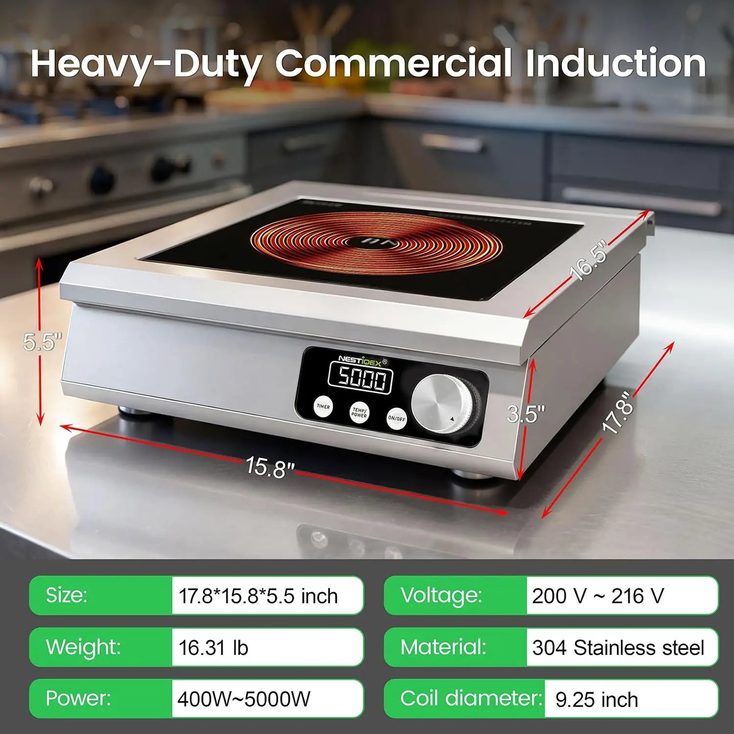 5000W Commercial Induction Cooktop, 208V 3-Phase Heavy-Duty Countertop Induction Burner, Electric Cooktop with 9.25" Copper Coil, 24H Timer for Commercial Kitchens