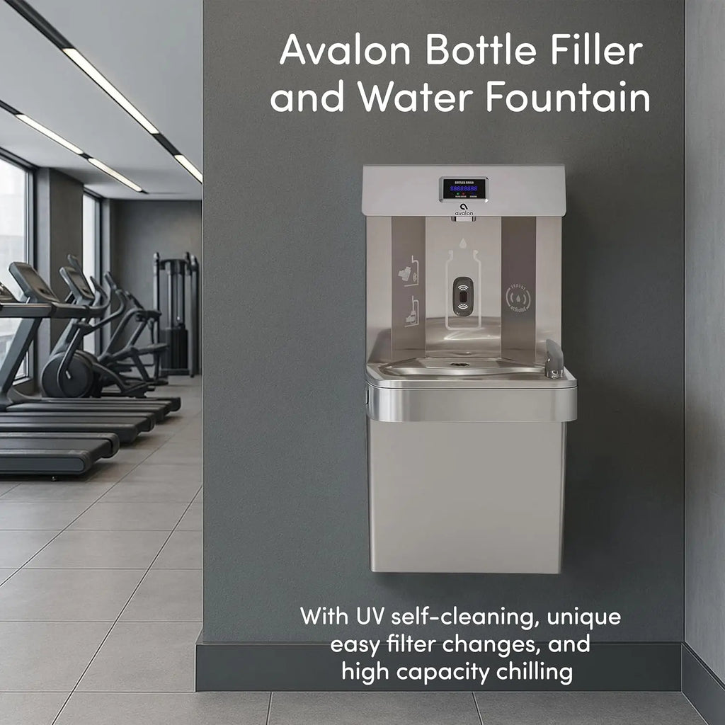 Avalon Wall Mounted Water Fountain with Bottle Filling Station, High Capacity Cooling, Sensor Dispensing, Self Cleaning, Digital Bottle Counter Display, Dual Filtration, ADA Compliant