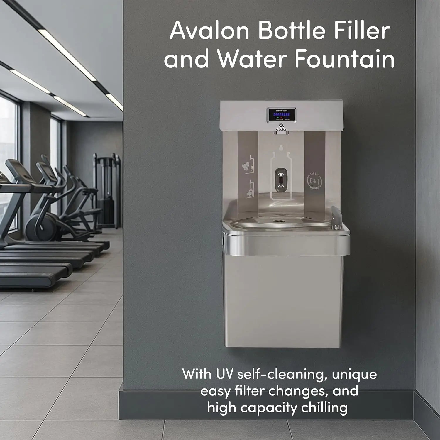 Avalon Wall Mounted Water Fountain with Bottle Filling Station, High Capacity Cooling, Sensor Dispensing, Self Cleaning, Digital Bottle Counter Display, Dual Filtration, ADA Compliant