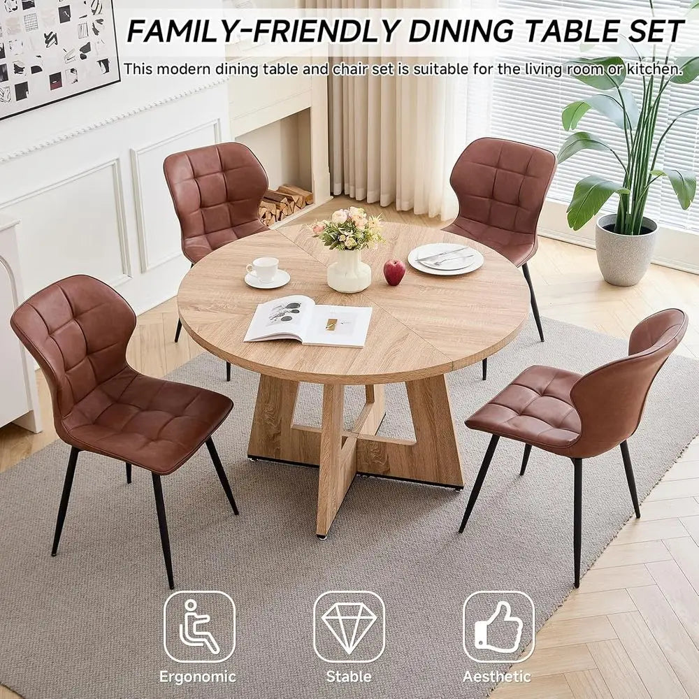 47 Round Dining Table with 4 Brown Upholstered Chairs - Modern Kitchen & Living Room Set