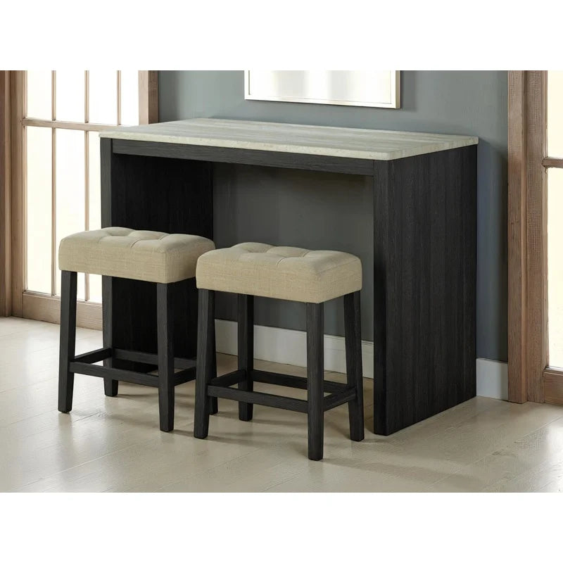 Black 3-Piece Dining Set with Two-Tone Table and Beige Tufted Stools for Dining Room