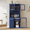 75 Tall Kitchen Pantry Cabinet with Hutch, Coffee Bar, Freestanding Buffet with Wine Rack & Adjustable Shelves (Blue + MDF + Tra