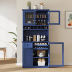 75 Tall Kitchen Pantry Cabinet with Hutch, Coffee Bar, Freestanding Buffet with Wine Rack & Adjustable Shelves (Blue + MDF + Tra
