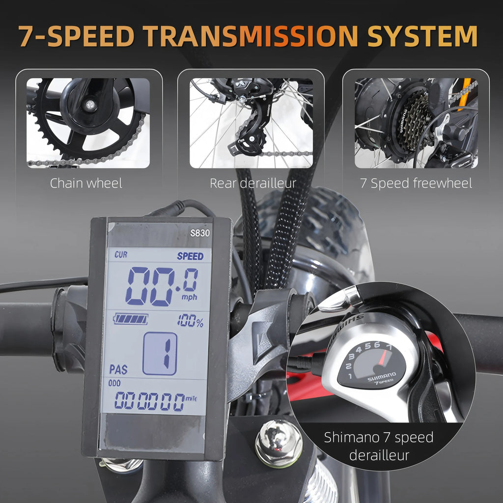 Xtion 750W 28MPH Electric Mountain Bike, Ebike 48V 15Ah 37Mile All-Terrain Fat Tire Bicycle, Dual Suspension 7 Speed