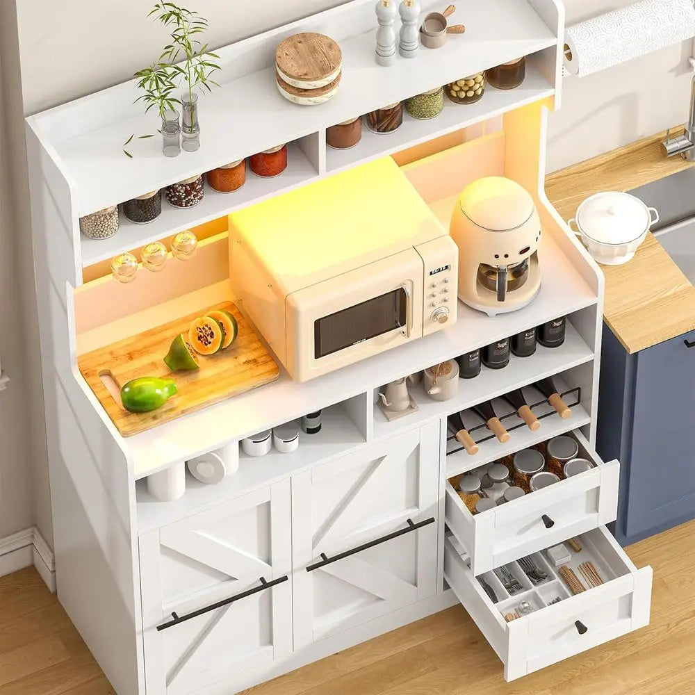 Storage Cabinet with Drawers, Charging Station, Coffee Bar, Wine Rack, White Wood Sideboard for Dining Room, 54.5 High