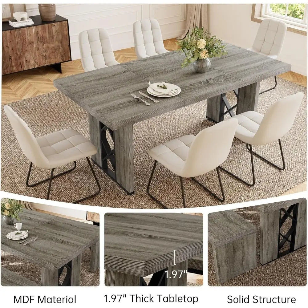 7-Piece Dining Set: 70.8 Grey Kitchen Table with 6 White Upholstered Chairs for Space-Saving Dining