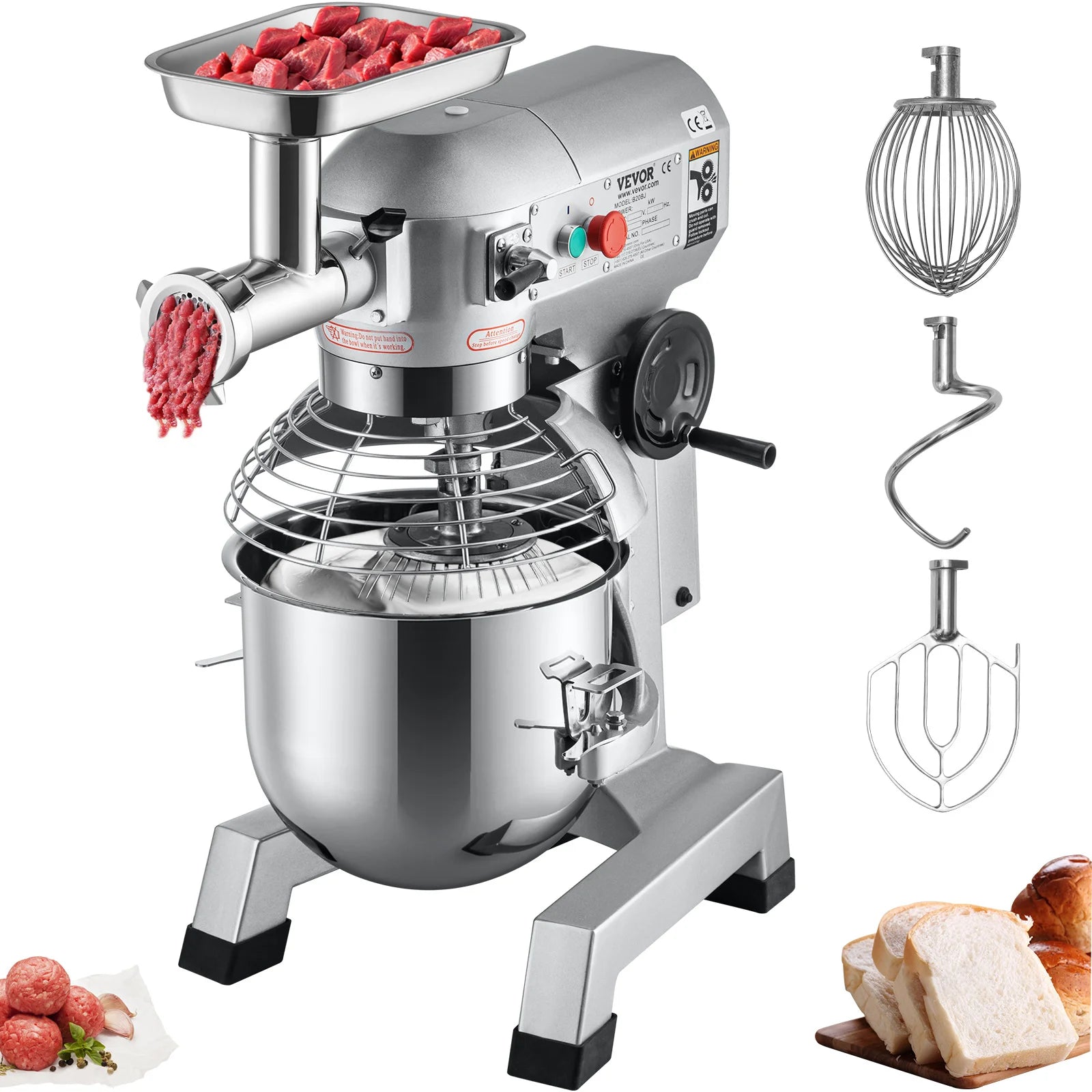 20QT Stainless Steel Stand Mixer with Meat Grinder Attachment – 1100W Dual-Function Kitchen Appliance, Includes Dough Hook, Whisk & Beater, 3 Adjustable Speeds for Baking, Mixing & Grinding