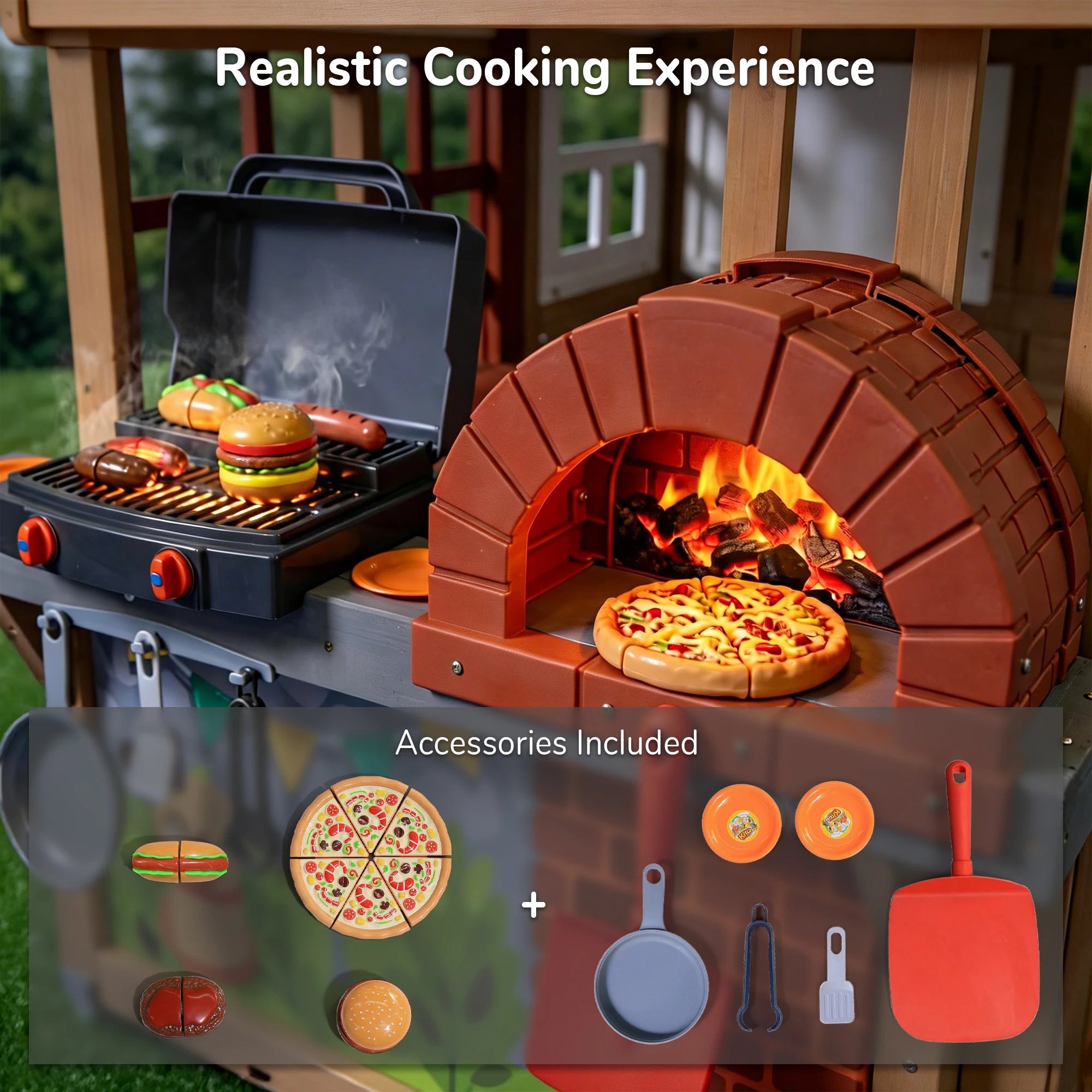 Kids Wooden Playhouse with BBQ Grill Pizza Oven, 2-in-1 Outdoor Indoor Pretend Play Cottage with Sink Whiteboard Doorbell Mailbox, Backyard Role Play Bakery House Toy for Toddlers Boys Girls