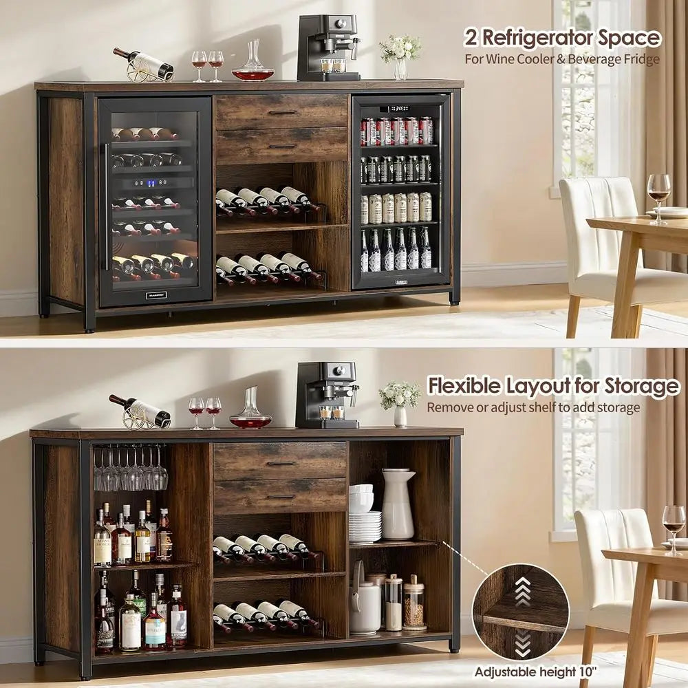 Large Coffee and Wine Cabinet with Ridge Storage, 70.8 Long, Wooden Buffet Sideboard, Home Bar Cabinet with Drawers, Rustic Brow