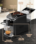 20 Bar Fully Automatic Espresso Machine With Grinder Milk Frother One-Touch 6 Recipes 1.5L Tank Self-Cleaning For Home Office
