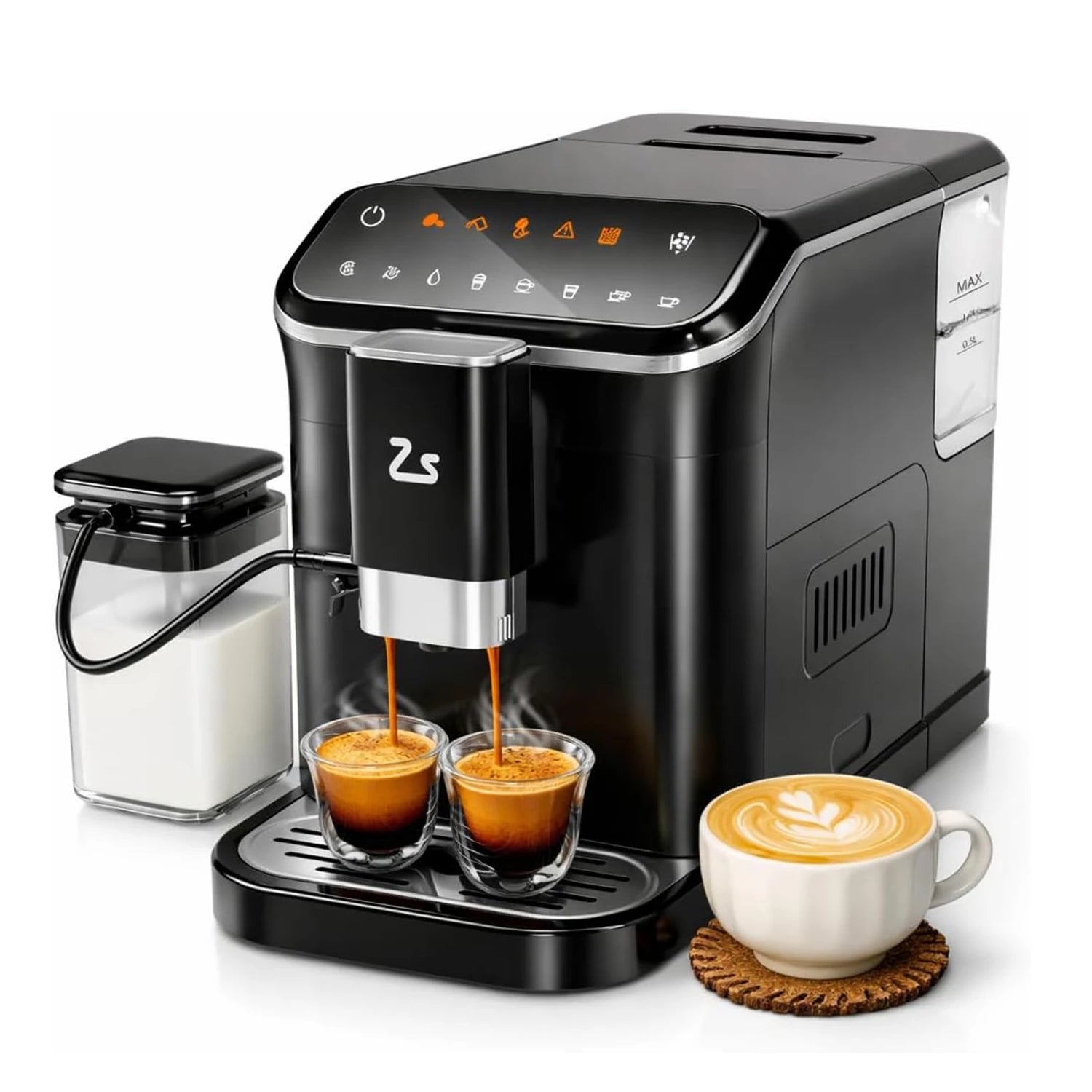 Fully Automatic Espresso Machine, Touchscreen Coffee Maker w/Built-in Grinder, Auto Milk Frother for Latte Cappuccino, 1.5L Water Tank & Dual Boiler Heating, Black/Silver 120V 1350W