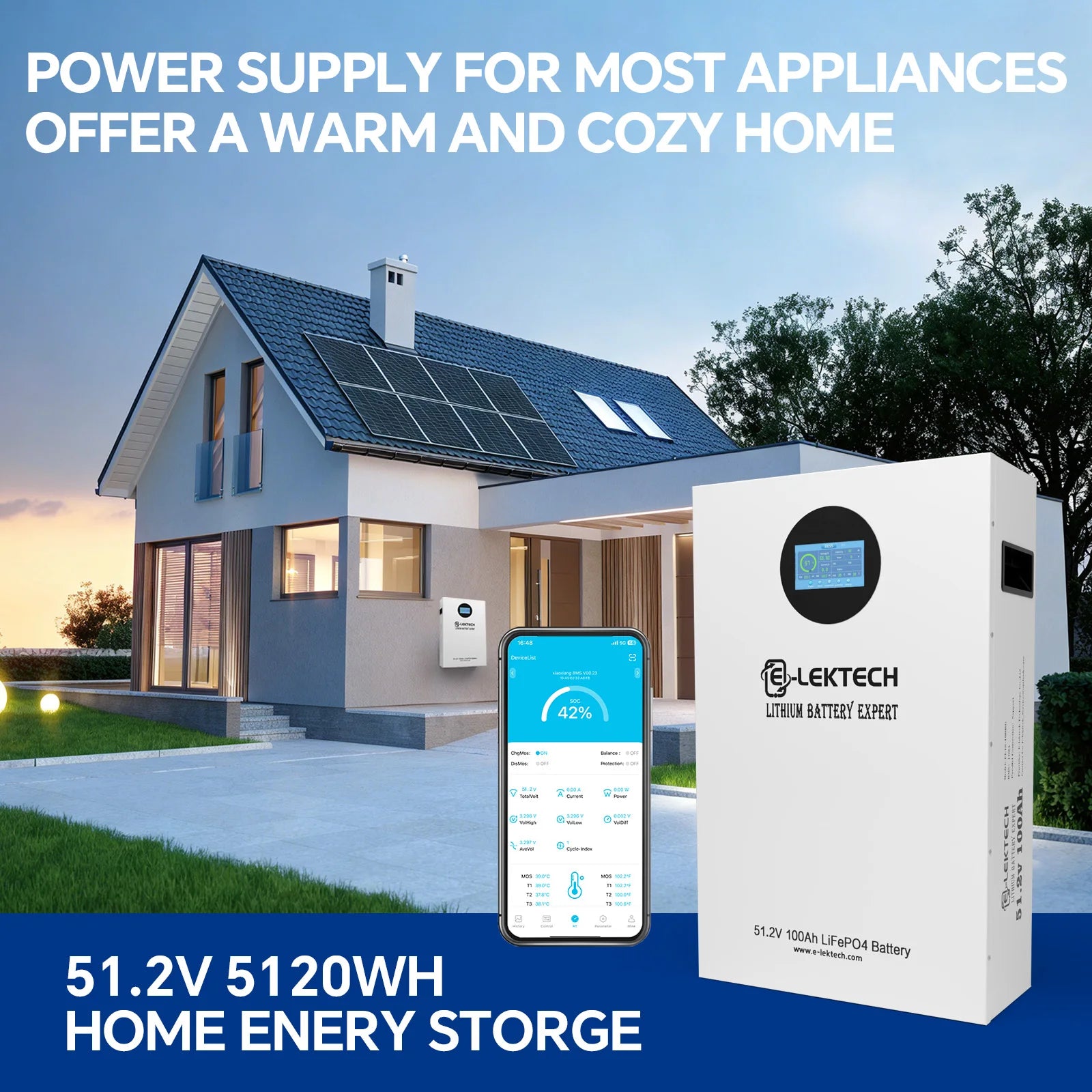 E-lektech 51.2V 100AH Wall-Mounted LiFePO4 Home Energy Storage Battery Smart APP Control Solar Power Storage System For Household Off-Grid Use