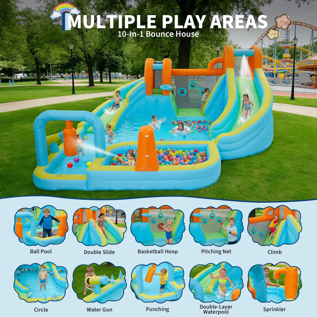 15.9FT Kids Inflatable Bounce House With Slide, 10-in-1 Water Bounce Castle, 550W Blower, Indoor Outdoor Jump House For Backyard