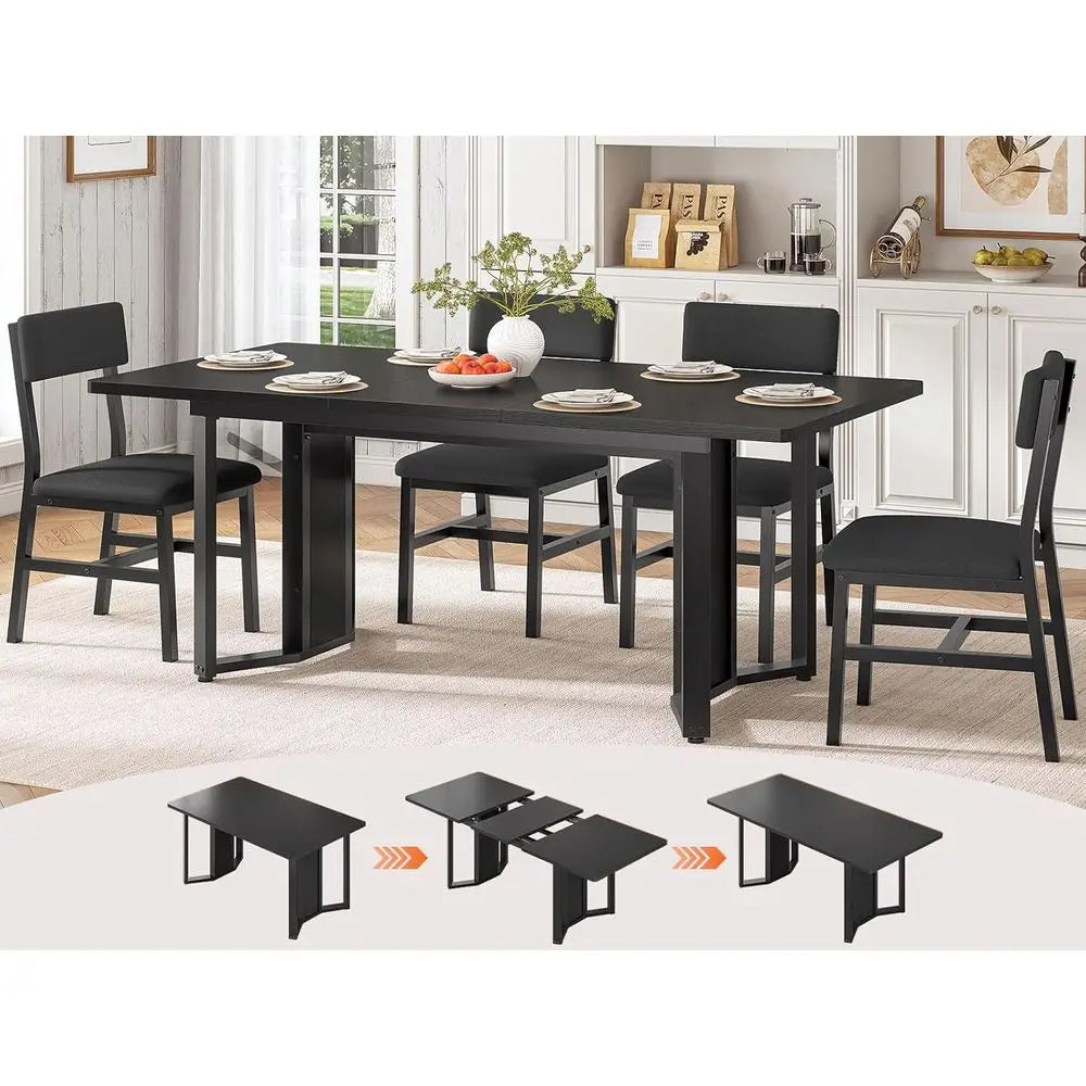 Black 63 Extendable Dining Table Set for 4-6 with Cushioned Chairs, Suitable for Small Spaces