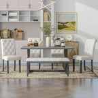 6-Piece Gray Wash & Beige Dining Set: Rectangular Table, 4 Upholstered Chairs, 1 Bench