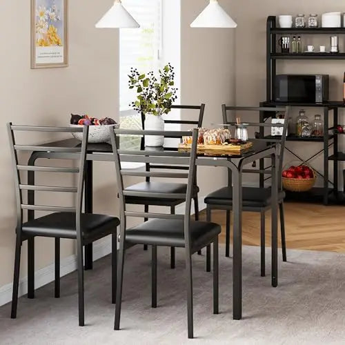 Modern Black Glass Dining Table With Four Matching Chairs, Compact Rectangle Set For Kitchen Or Breakfast Nook