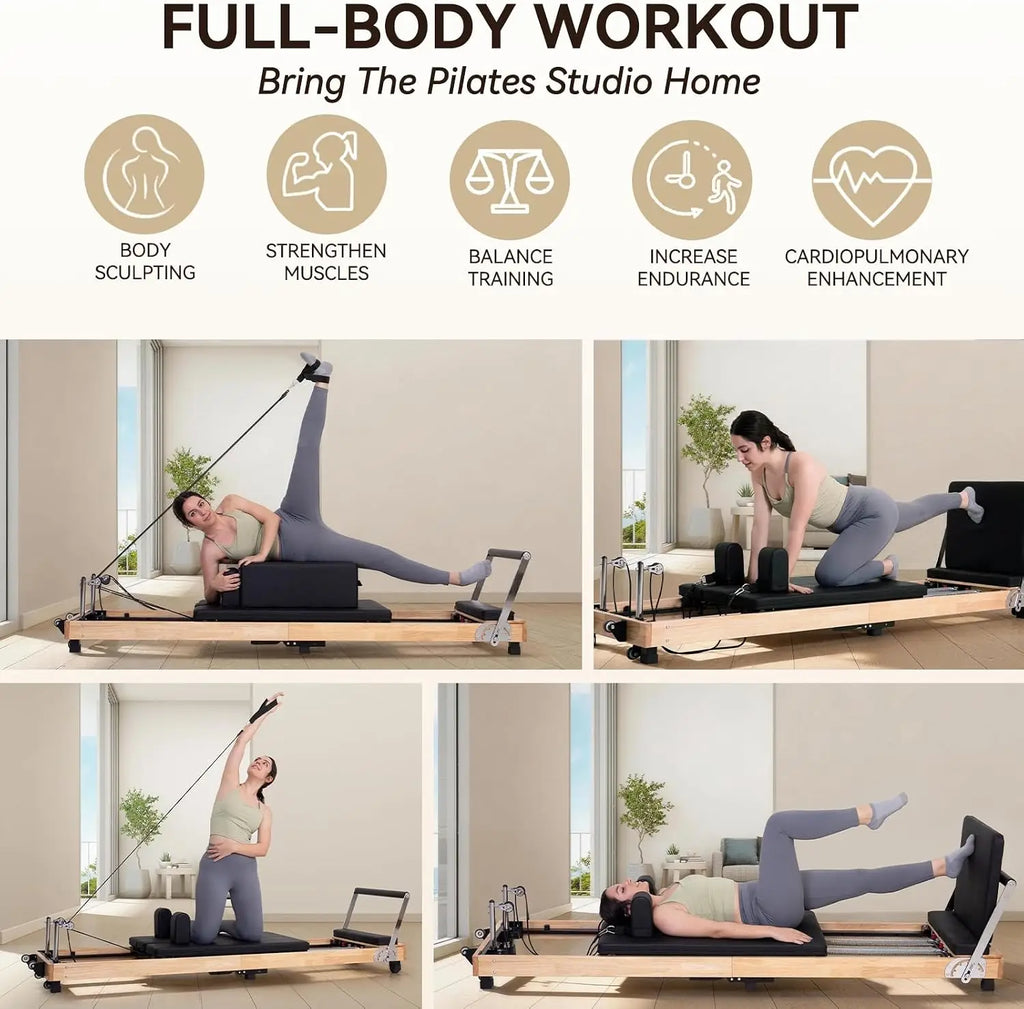 Foldable Pilates Reformer Machine, Oak Wood Studio Grade Home Gym Equipment With Sitting Box And Jump Board, Ergonomic Strength Training Core Workout Fitness Station, Natural Wood