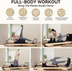 Foldable Pilates Reformer Machine, Oak Wood Studio Grade Home Gym Equipment With Sitting Box And Jump Board, Ergonomic Strength Training Core Workout Fitness Station, Natural Wood