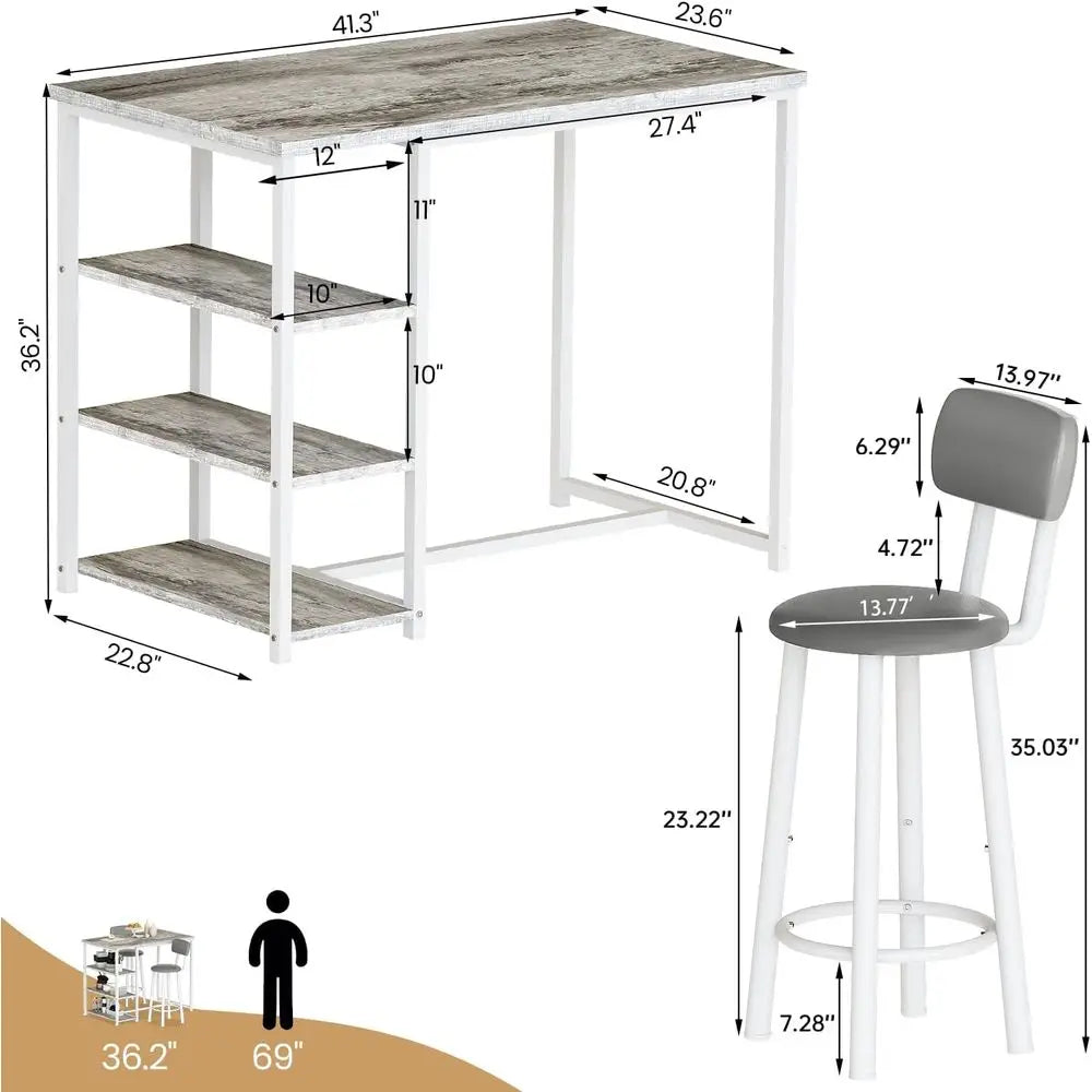 Grey 2-Piece Counter Height Table Set with Storage and Stools for Kitchen or Dining Area