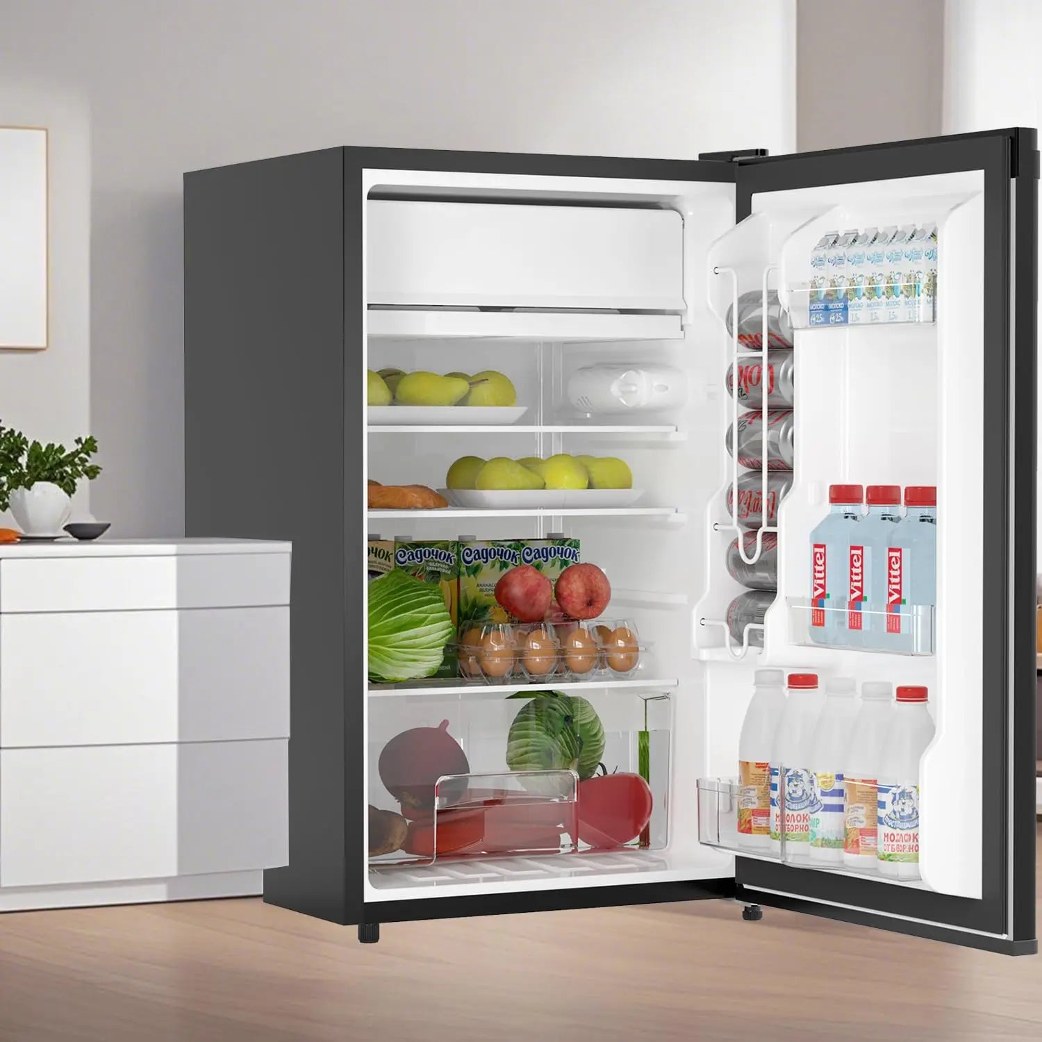 4.3 Cu.ft Mini Fridge with Freezer, Compact Refrigerator Single Door for Bedroom Office Dorm RV, Adjustable Thermostat, Removable Glass Shelves & Crisper Drawer