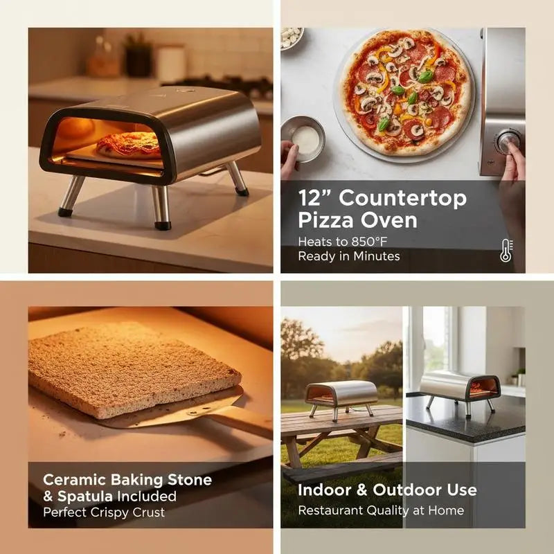 12" Electric Pizza Oven Countertop, Stainless Steel Pizza Maker Machine with Pizza Stone and Spatula, Heats up to 850°F, Multipurpose Indoor & Outdoor Pizza Cooker for Restaurant Home Camping