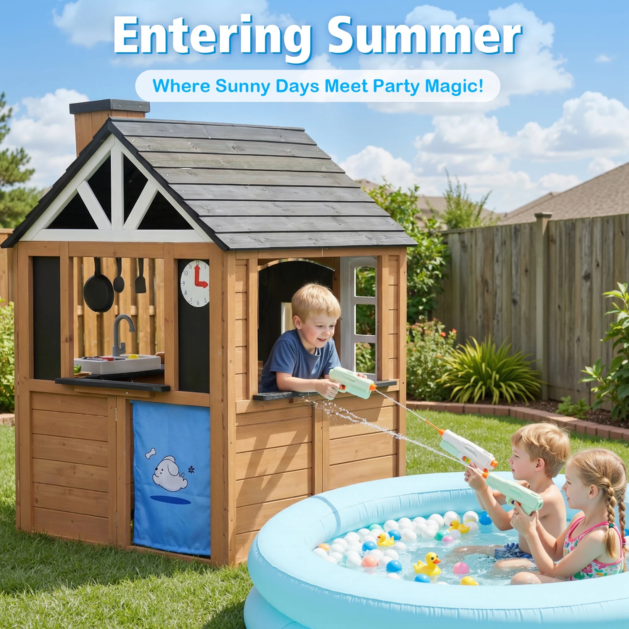 Kids Wooden Playhouse Outdoor Indoor Pretend Play Cottage with Kitchen Sink, Doorbell, Doodle Board, Clock, Flower Pot, Dog Hole Curtain, Kitchenware Accessories, Backyard Kids Role Play Game House Toy for Boys Girls